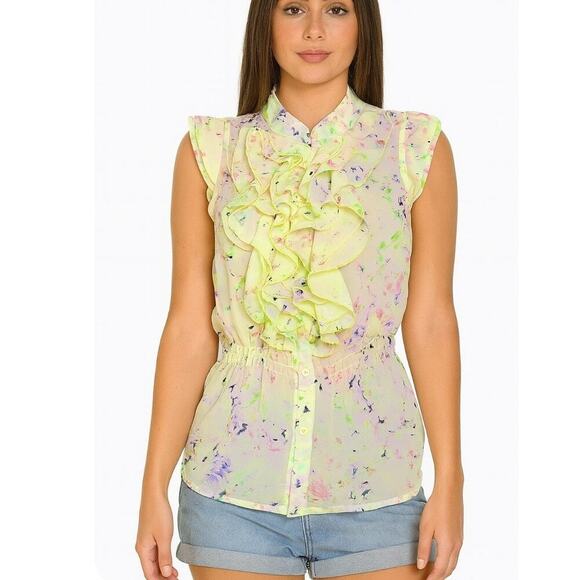 Paper Tee blouse brand flower ruffle top SZ SM lightweight floral tuxedo style - Picture 1 of 11